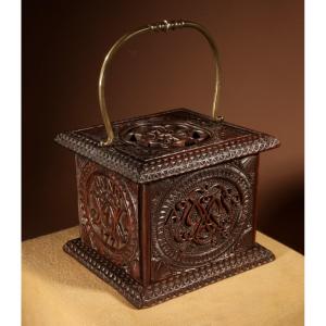 Exceptional! Finally Carved Walnut Wedding Dated Foot Stove, Frisian 1788.