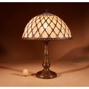 Art Nouveau/art Deco Rare Original Patinated Brass  Hand-woven Flat Brass Strap Work Table Lamp.