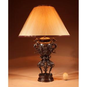 Japanese Fine Bronze Table Lamp, Meiji 1868-1912.