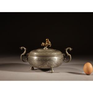 A Very Rare Pewter And Brass Birthing Bowl 18th Century.