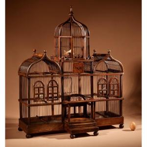 Folk Art Unusual Wood And Iron Bird Cage In The Shape Of A Church/ Country House. 