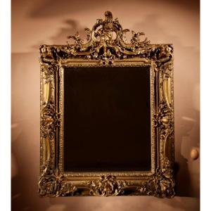 Miroir Original Très Impressionnant En Bois Doré Et Gesso De Style Louise Quinze XV, Vers 1900.