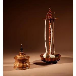 Set Of A Barrel Mahogany Pipe Stand And Barrel Mahogany Tobacco Box