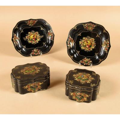 A Complete Set Of Two Lacquered Boxes With Trays, Toleware, England