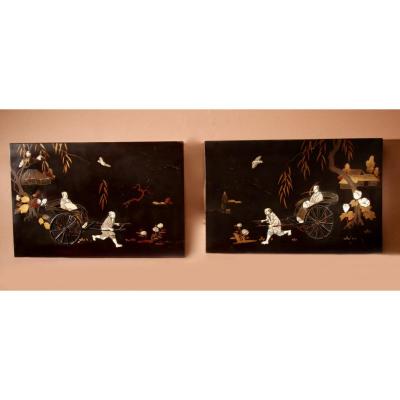 A Real Pair Of Japanese Inlaid Lacquered Panels Meiji Period 1868-1912