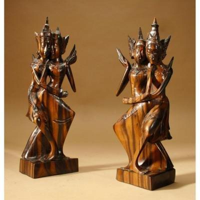 Pair Of Balinese Dancers Finely Carved, Very Elegant, Indonesian, Around 1920-1940