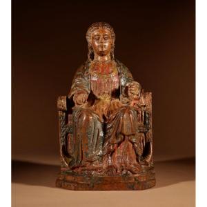 An Interesting French Walnut Sculpture Of A Madonna Seated On A Crescent Moon, Circa 1570.