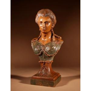 An Excellent Quality Russian Sculpture Of A Bust Wood Carving Of A Noble Lady Circa: 1770