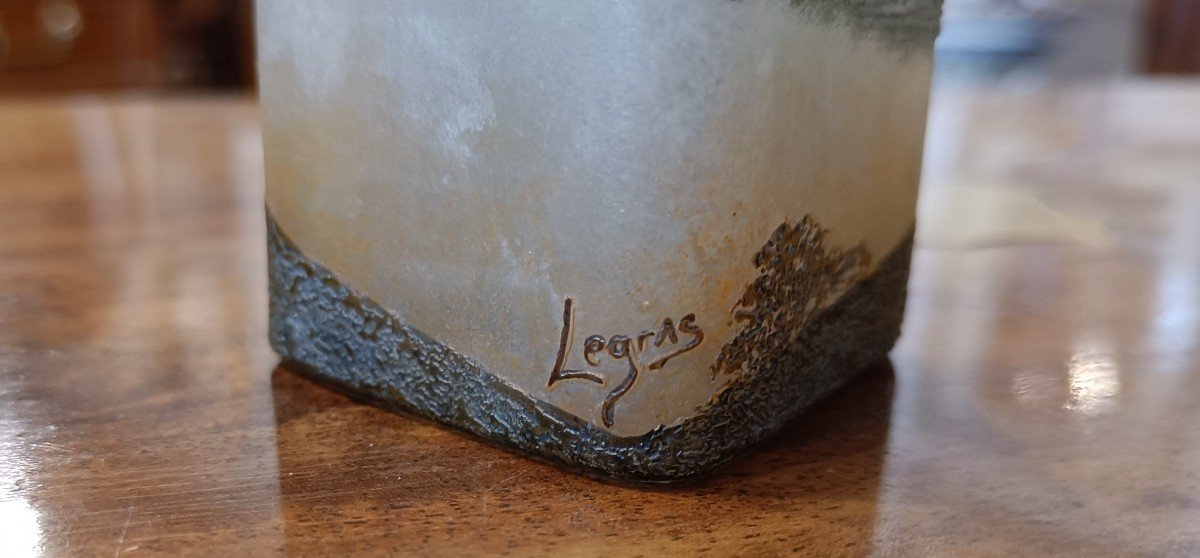 Small Acid-clear Glass Vase Signed Legras, Lake Landscape-photo-1