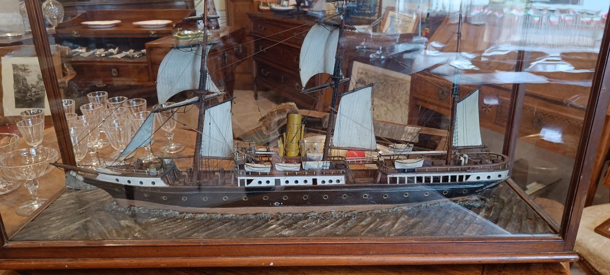 3 Mast Ship Model Late 19th Under Display Case -photo-2