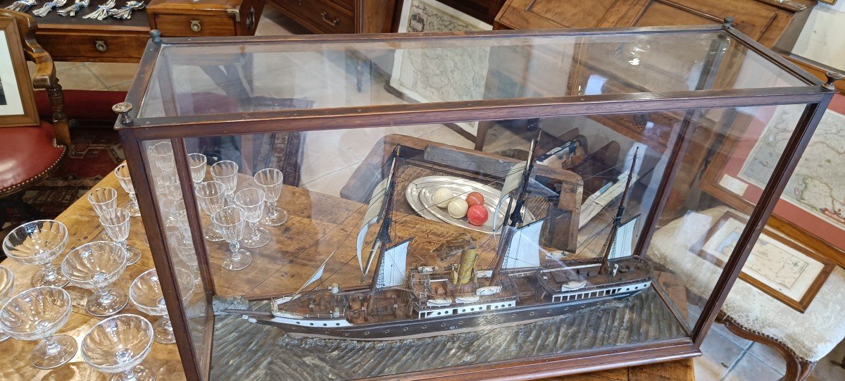 3 Mast Ship Model Late 19th Under Display Case -photo-4