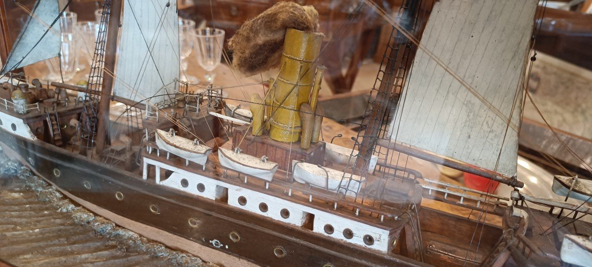 3 Mast Ship Model Late 19th Under Display Case -photo-4