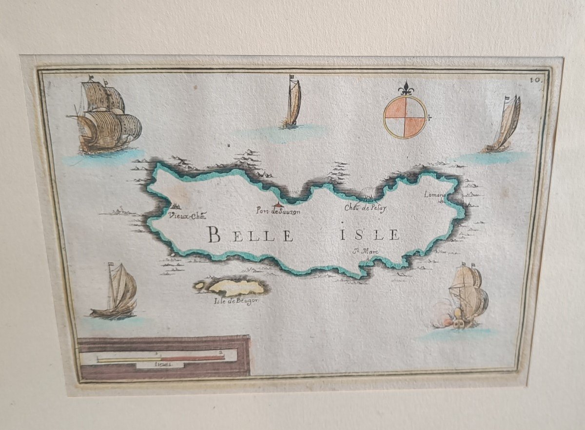 Tassin Watercolored And Framed Map Of Belle Ile, 1634-photo-3