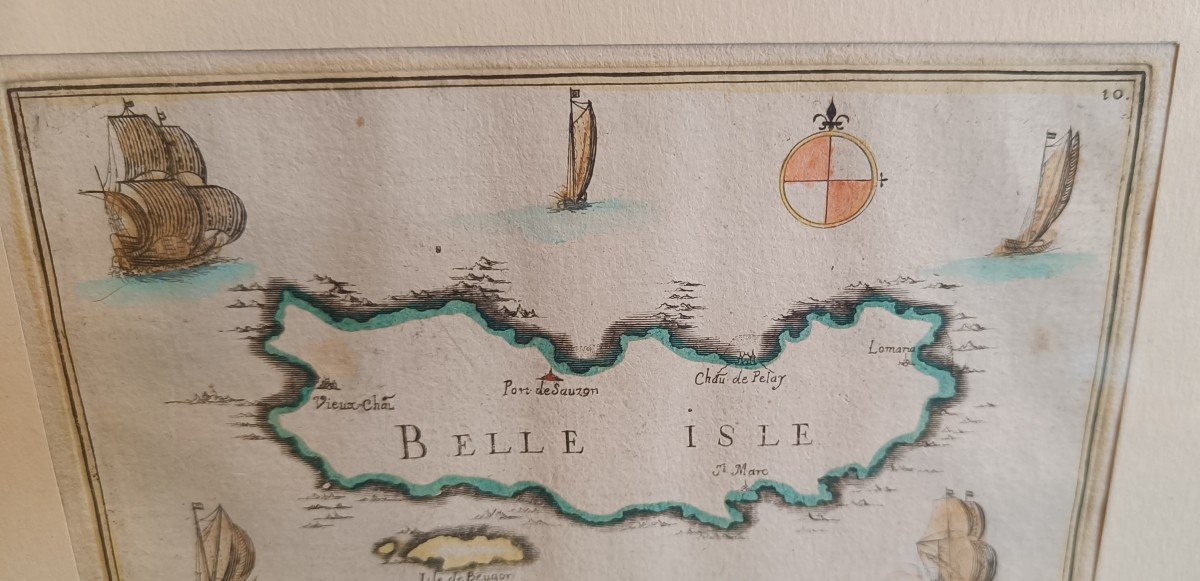 Tassin Watercolored And Framed Map Of Belle Ile, 1634-photo-1