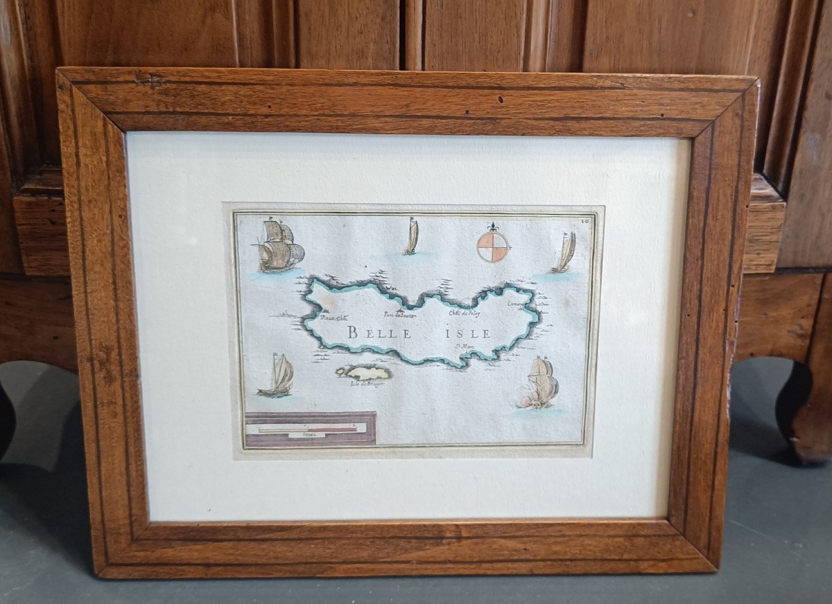 Tassin Watercolored And Framed Map Of Belle Ile, 1634