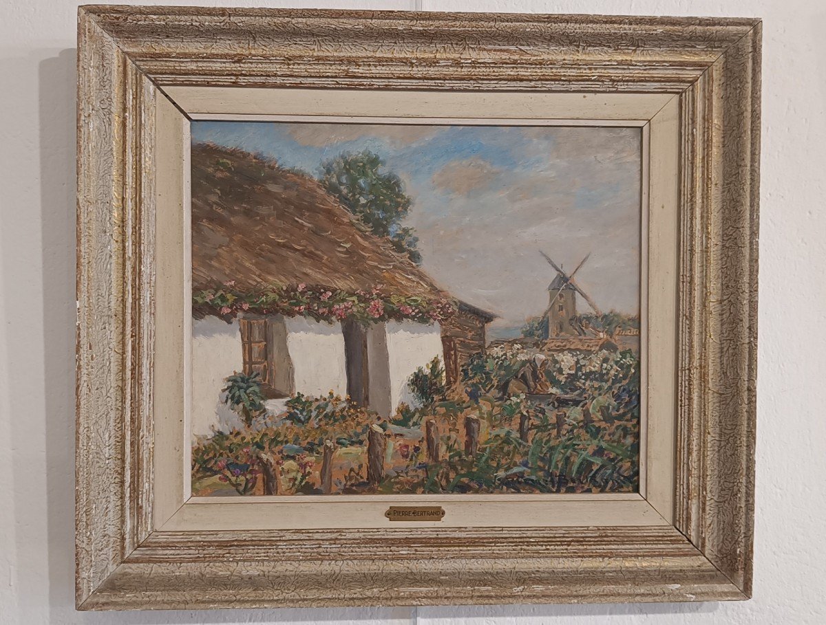 Huile "Bourrine Et Moulin à St Jean De Monts", Pierre Bertrand