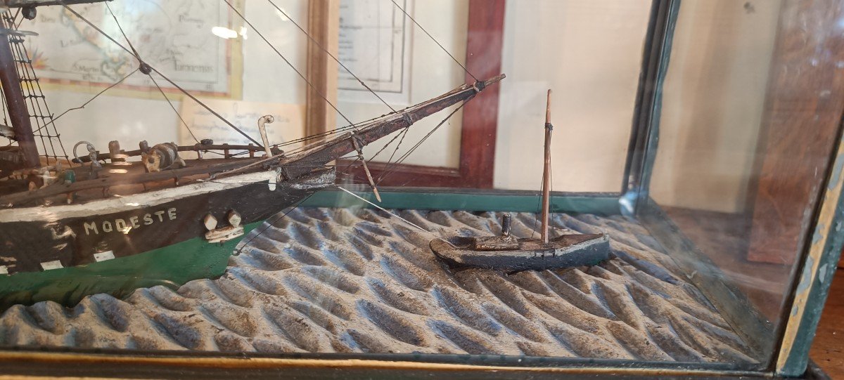 Diorama, Maquette De Bateau Fin 19ème Sous Vitrine -photo-4