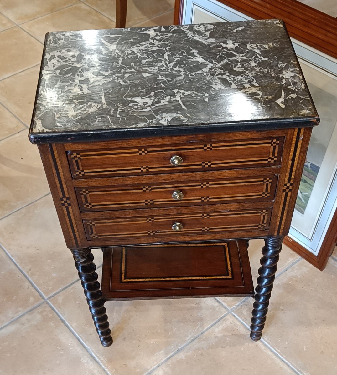 Napoleon III Bedside Table, Marquetry And Blackened Wood -photo-2