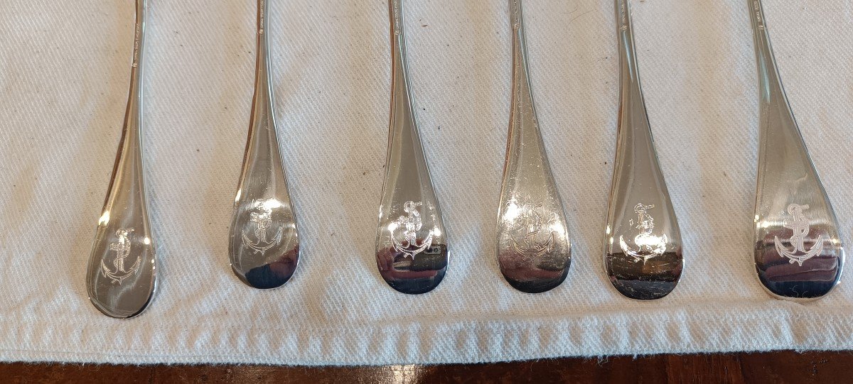 6 Large Silver-plated Marine Nationale Spoons, Cristofle -photo-2