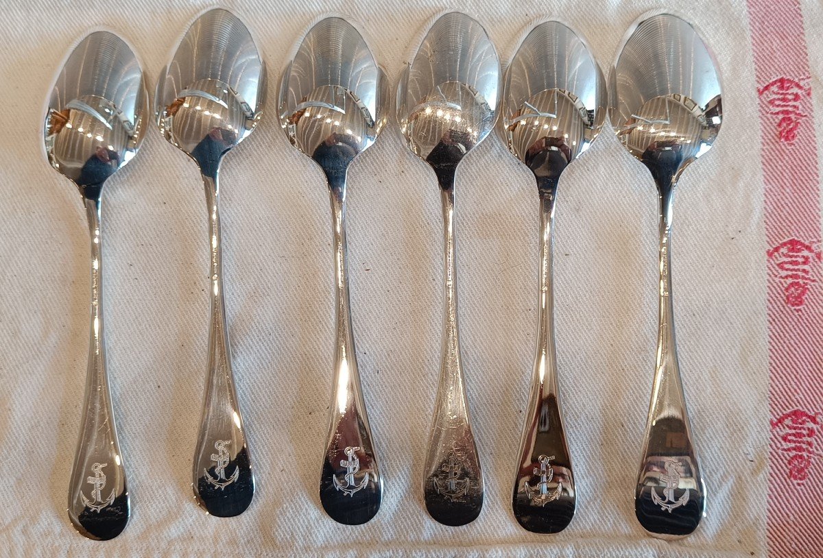 6 Large Silver-plated Marine Nationale Spoons, Cristofle 