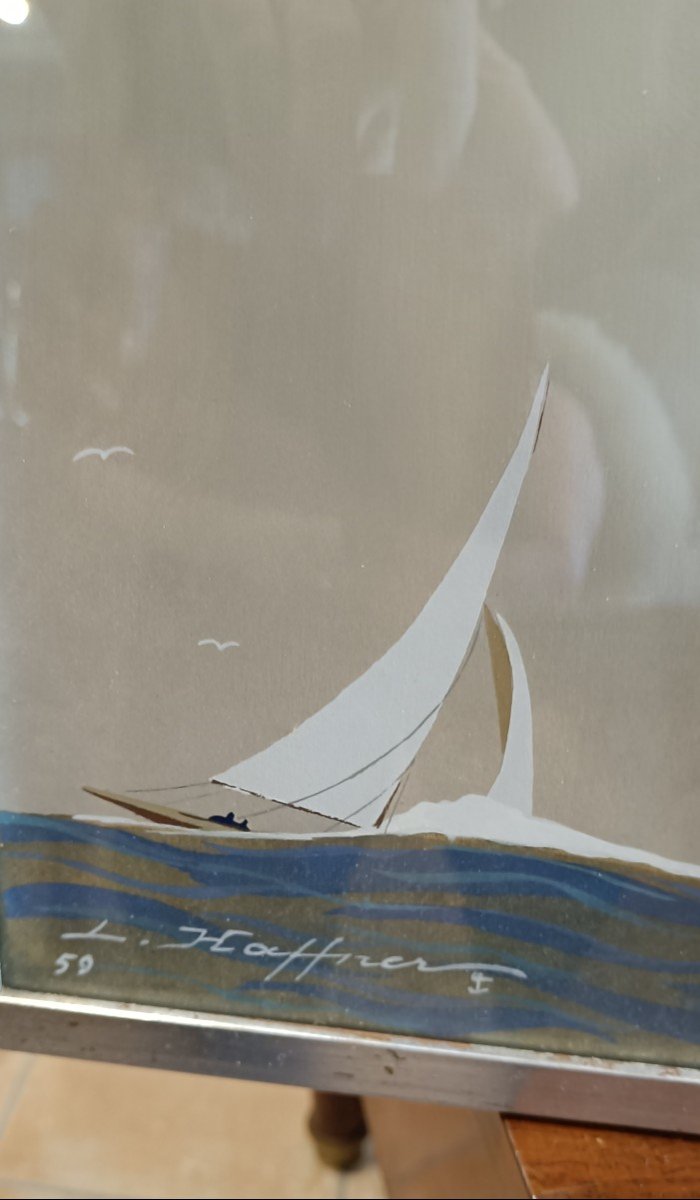 Marine De Léon Haffner, Gouache Pochoir "régate"-photo-4