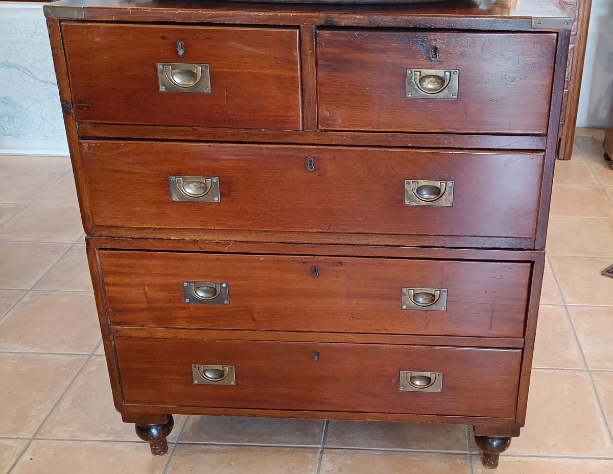 Small 19th Century Officer's Chest Of Drawers, Called Marine, In Mahogany-photo-2