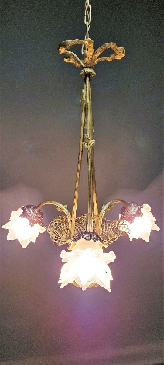 Bronze Basket Chandelier With 3 Lights.-photo-2