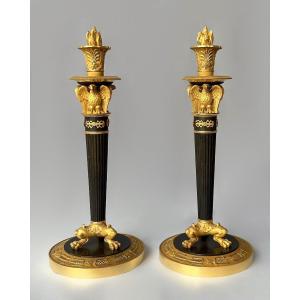 Large Pair Of Empire Candlesticks In Gilt And Patinated Bronze, Attributed To Claude Galle.