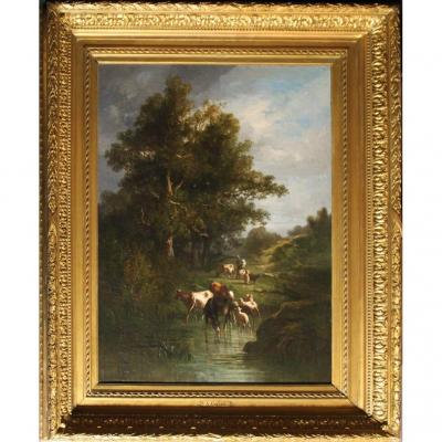 Cortes, André 1815 - 1880 Barbizon Peintre «paysage Aux Animaux» SignÉ