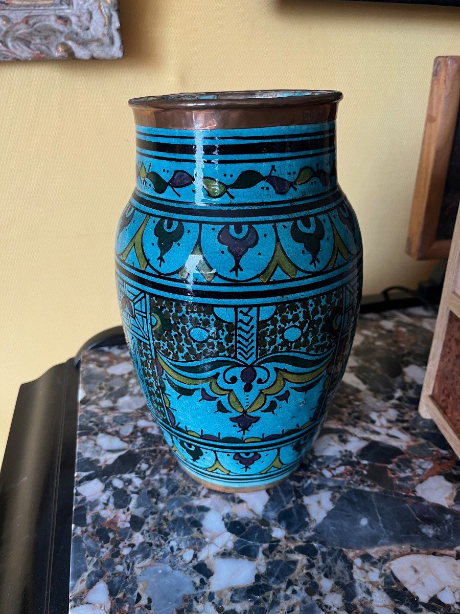 Pot - Middle Eastern Vase In Blue Enameled Ceramic Signed Oriental-photo-2