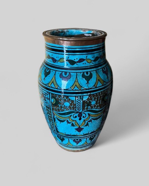 Pot - Middle Eastern Vase In Blue Enameled Ceramic Signed Oriental