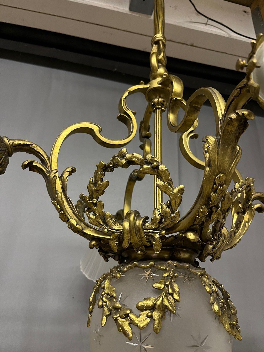 Napoleon III Chandelier In Gilt Bronze 4 Tulips Suspension Light-photo-4