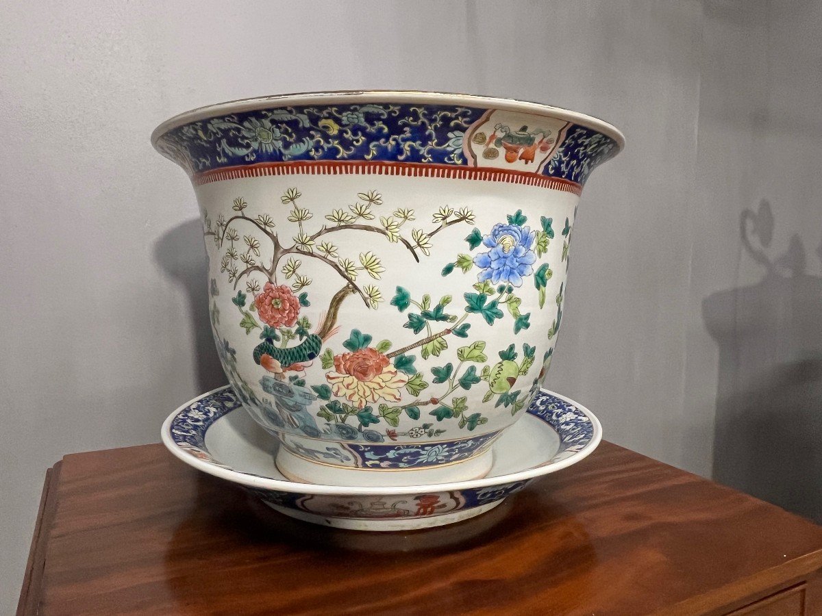 Grand Cache Pot Chinois En Faïence  Avec Sa Coupe  Jardinière  -photo-1