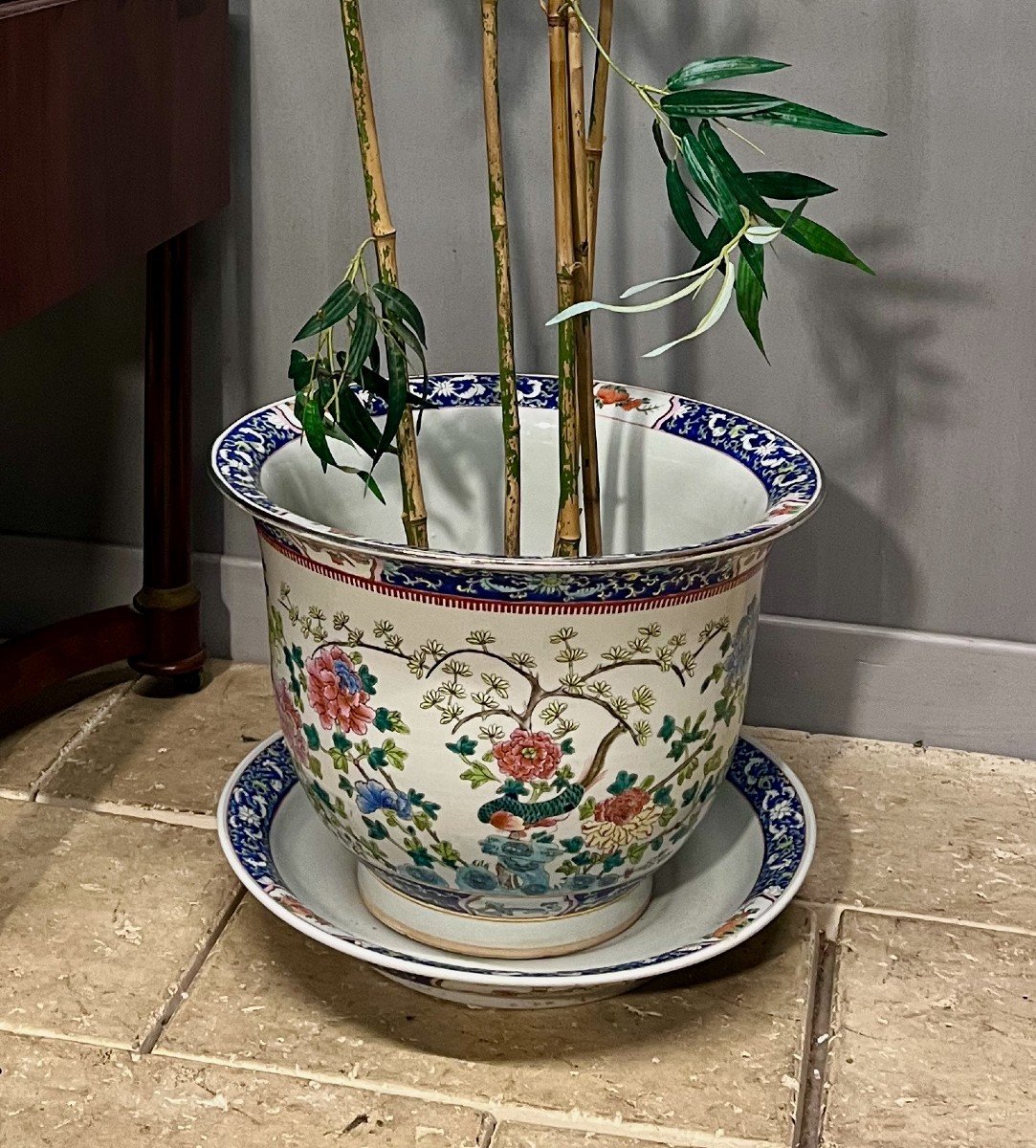 Grand Cache Pot Chinois En Faïence  Avec Sa Coupe  Jardinière  