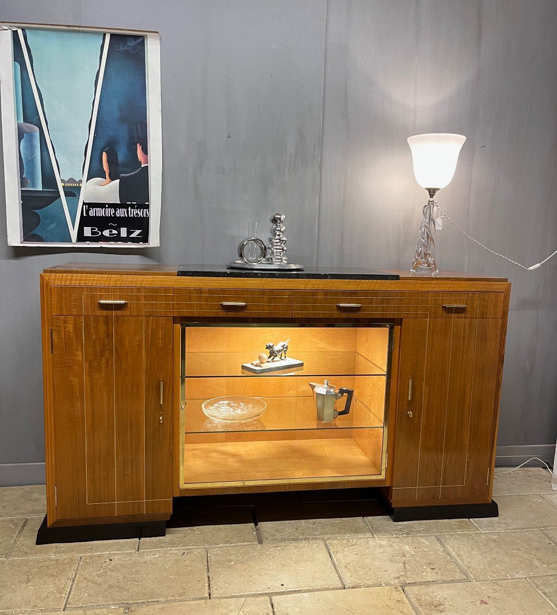 Buffet - Art Deco Sideboard In Walnut Display Cabinet 