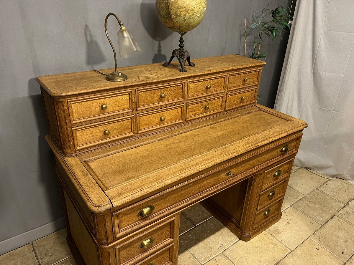 Large Oak Architect's Desk With Pedestals, Drawers, Secretary-photo-3