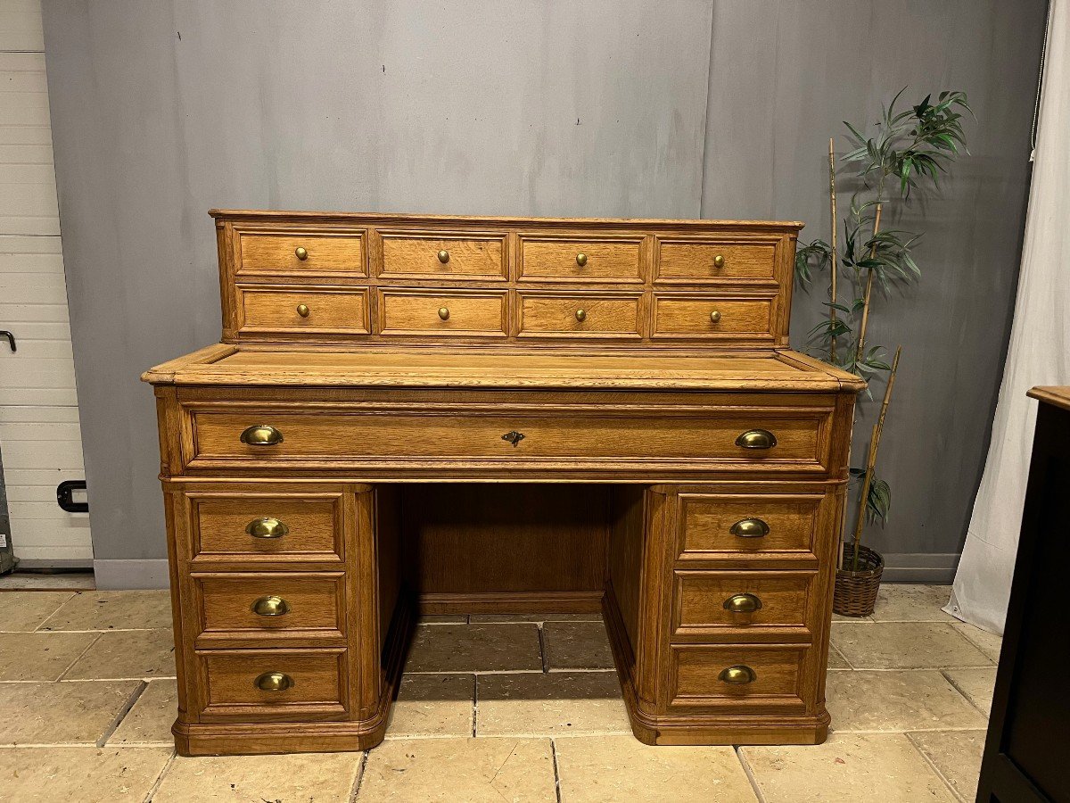 Large Oak Architect's Desk With Pedestals, Drawers, Secretary-photo-4