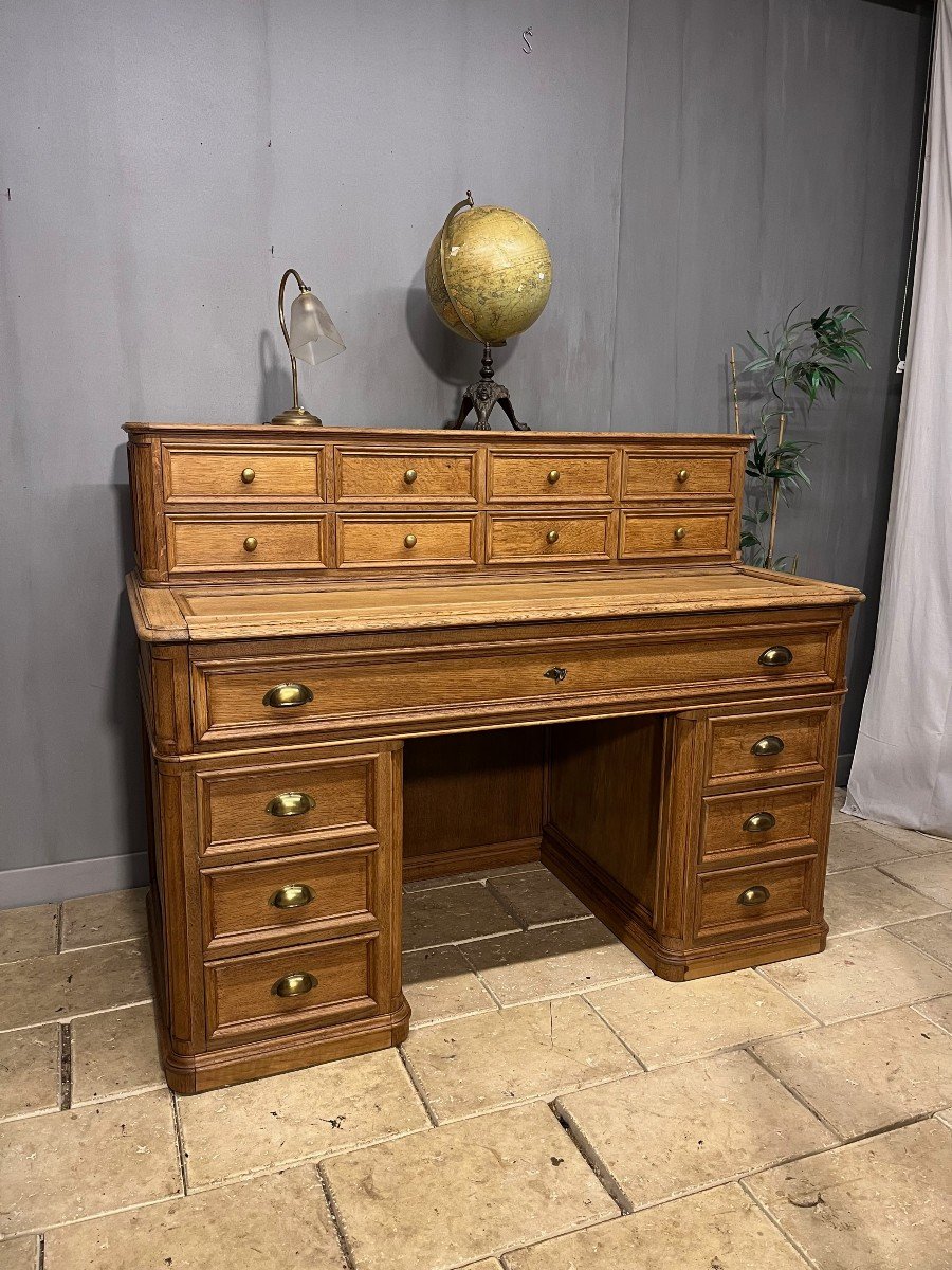 Large Oak Architect's Desk With Pedestals, Drawers, Secretary