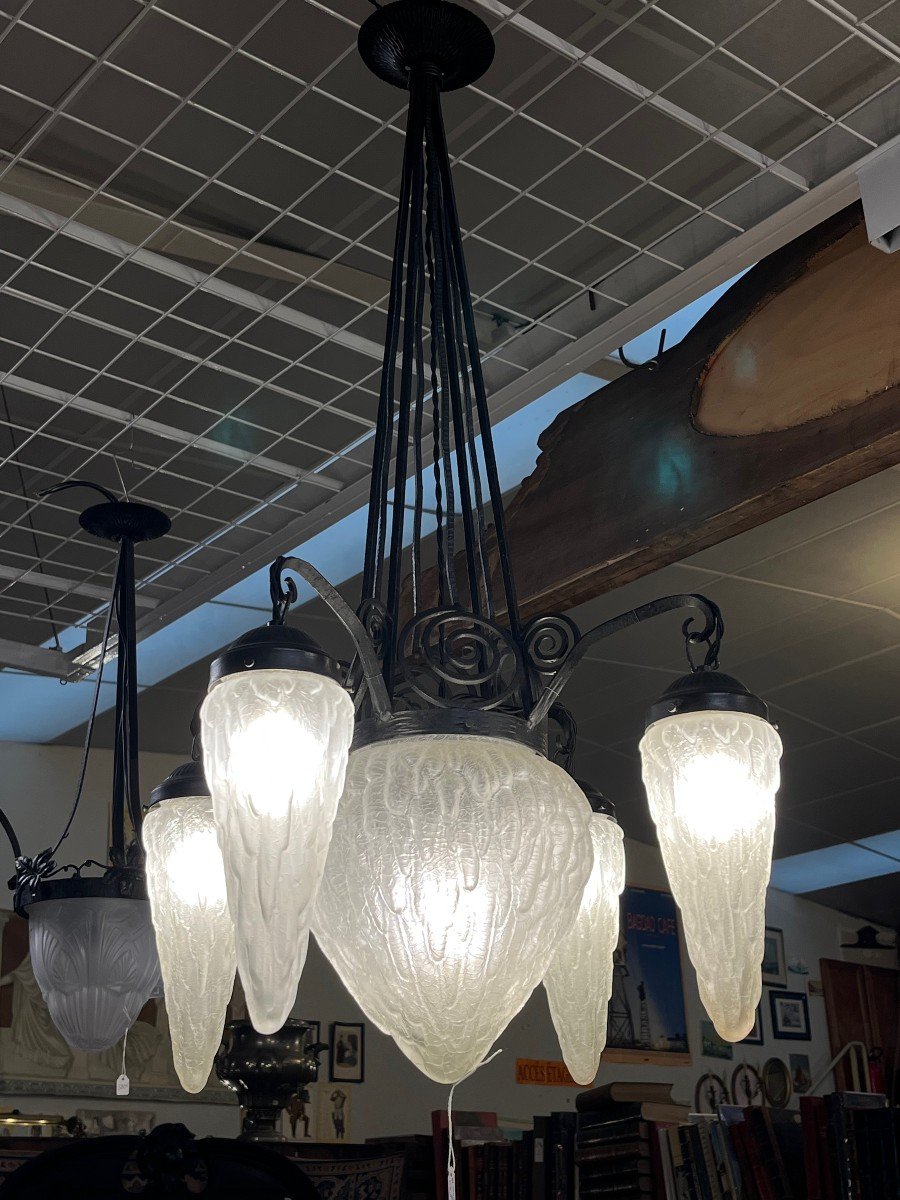 Large Art Deco Stalactite Glass And Wrought Iron Pendant Chandelier -photo-2