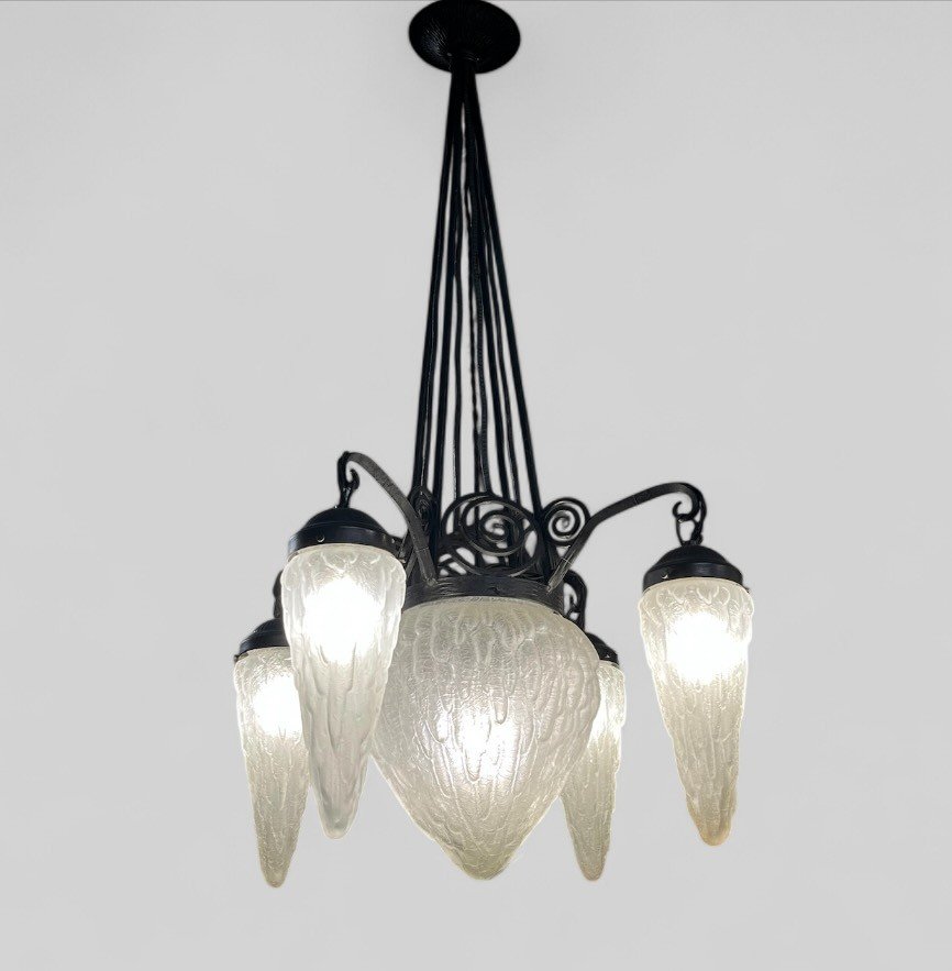 Large Art Deco Stalactite Glass And Wrought Iron Pendant Chandelier 