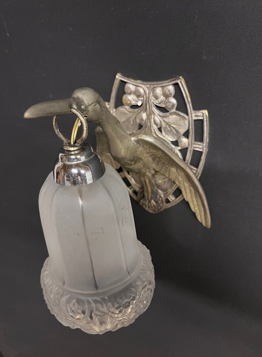 Pair Of Art Deco Wall Lights Birds In Nickel Plated Bronze Storks-photo-4