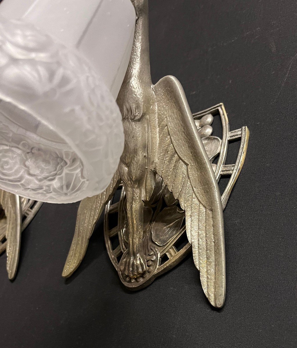 Pair Of Art Deco Wall Lights Birds In Nickel Plated Bronze Storks-photo-2