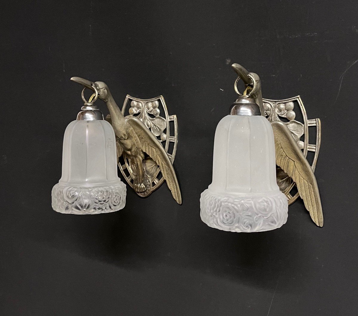 Pair Of Art Deco Wall Lights Birds In Nickel Plated Bronze Storks