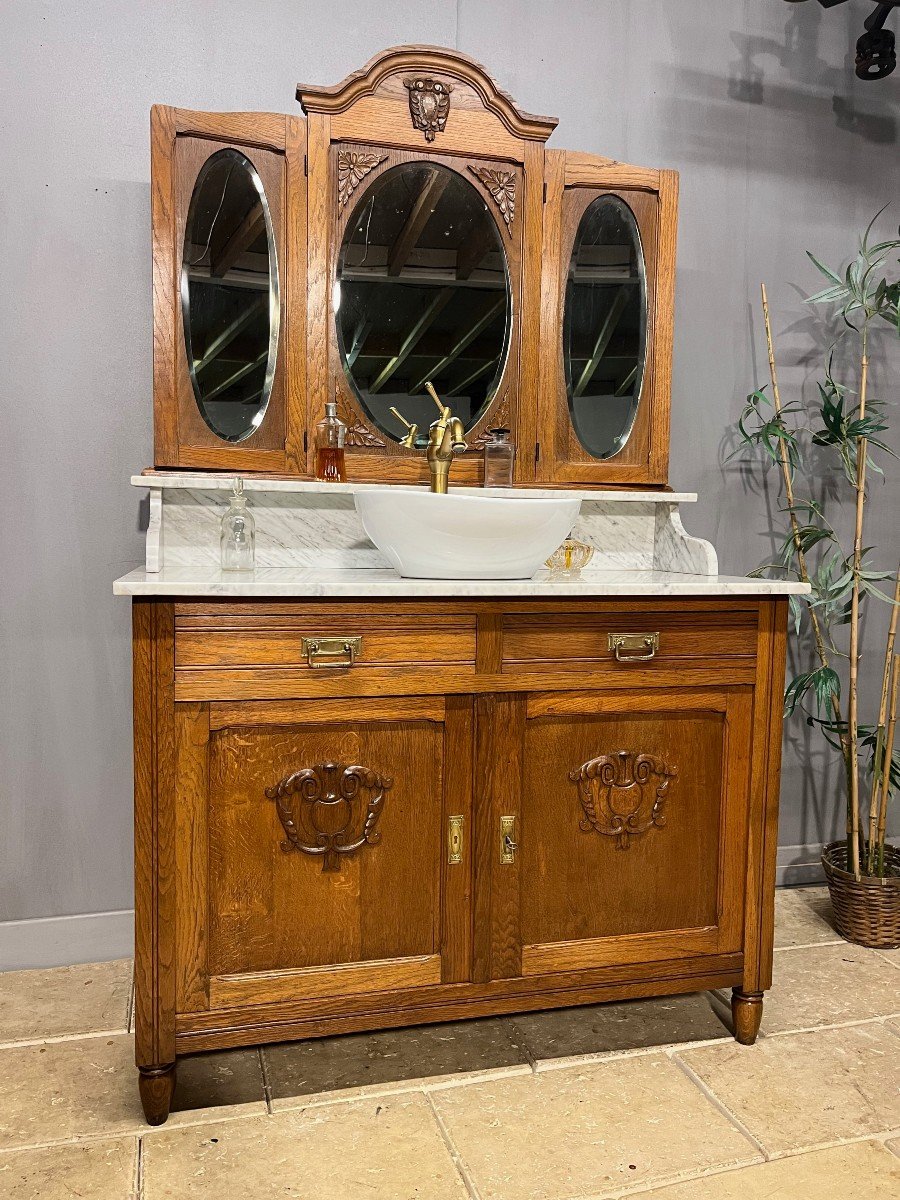 Meuble De Salle De Bains - Toilette En Chêne Et Marbre  Miroir Psyché-photo-2