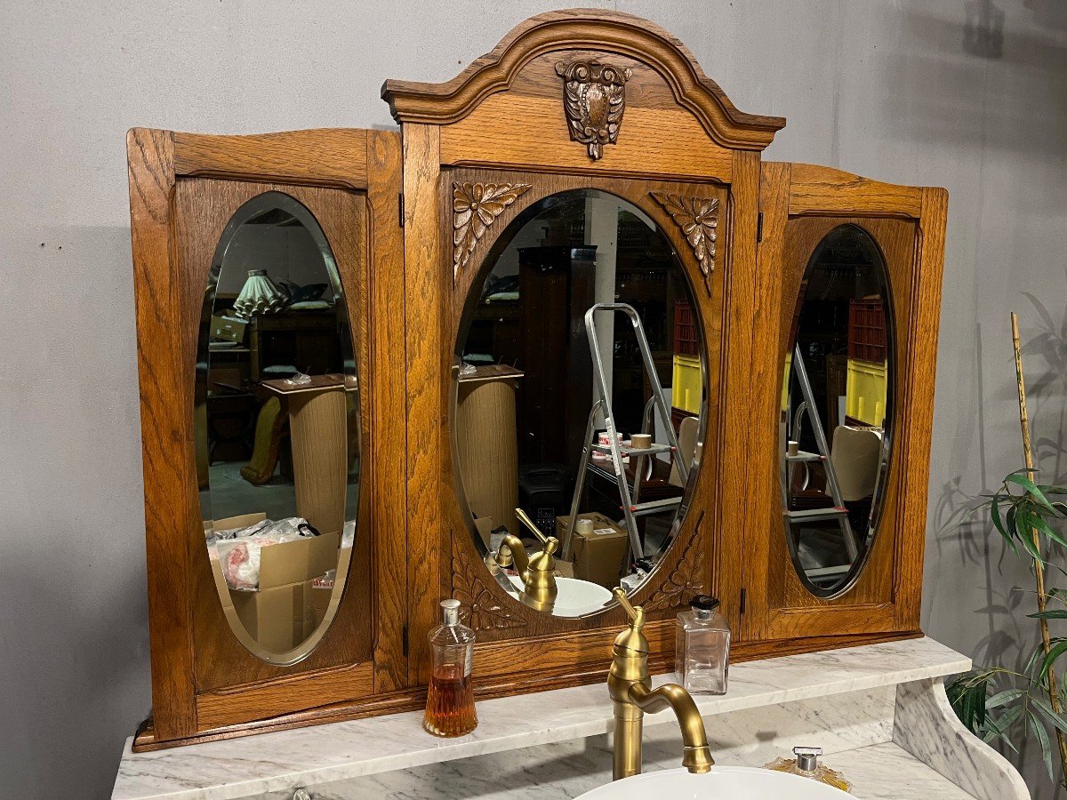 Meuble De Salle De Bains - Toilette En Chêne Et Marbre  Miroir Psyché-photo-3