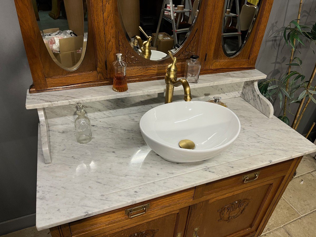 Meuble De Salle De Bains - Toilette En Chêne Et Marbre  Miroir Psyché-photo-4