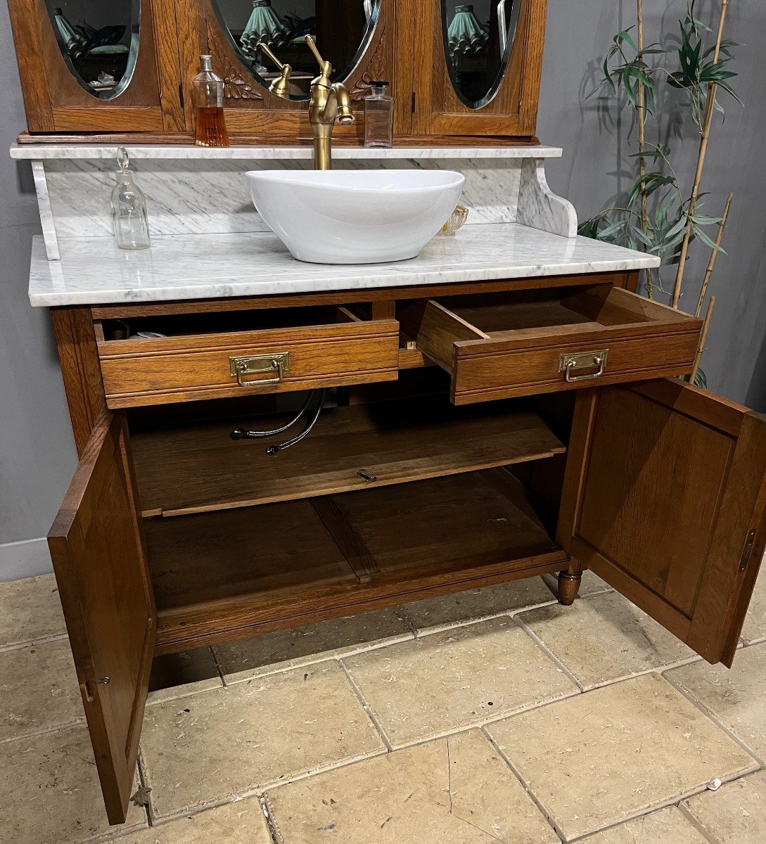 Meuble De Salle De Bains - Toilette En Chêne Et Marbre  Miroir Psyché-photo-1