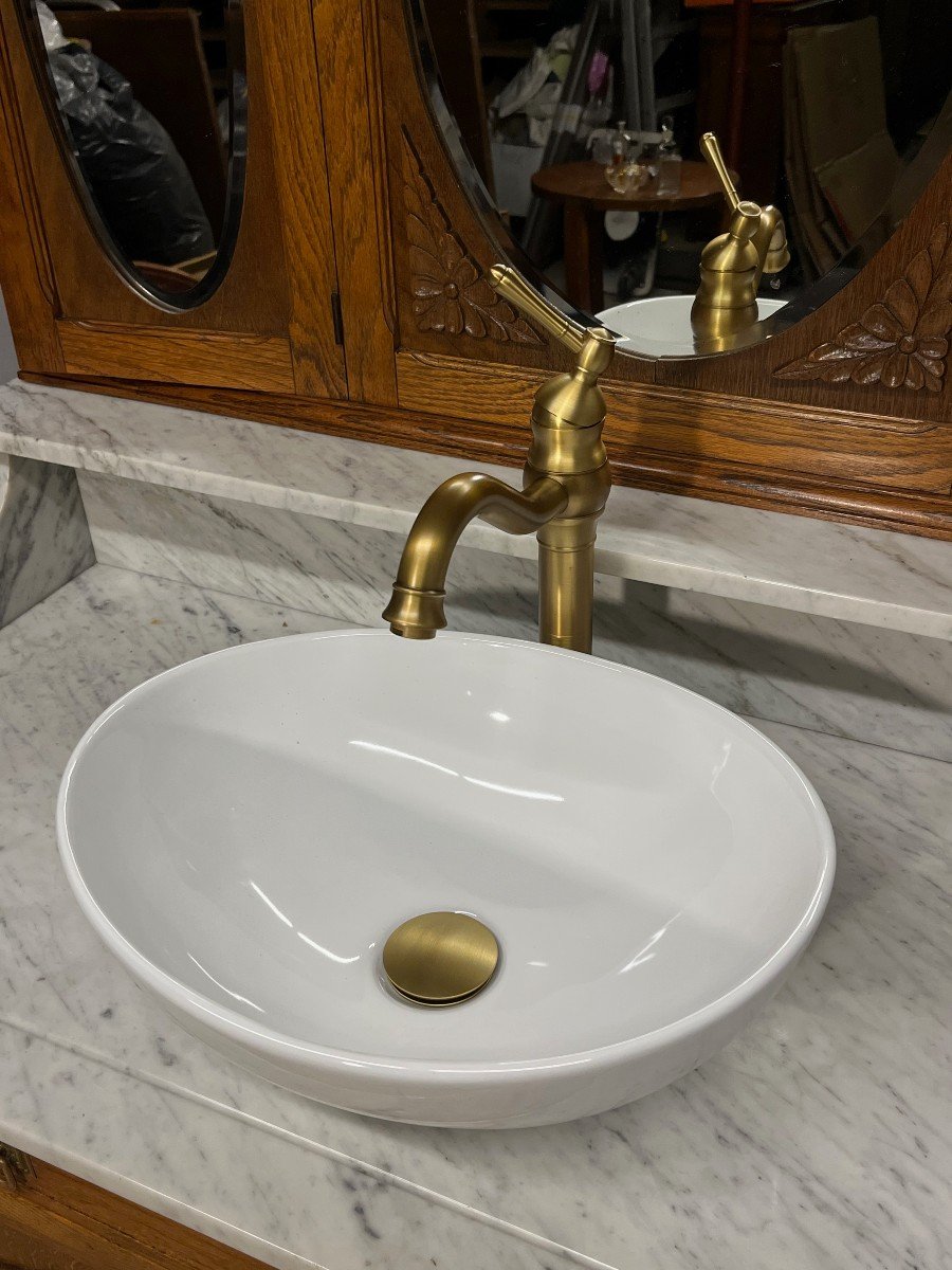 Meuble De Salle De Bains - Toilette En Chêne Et Marbre  Miroir Psyché-photo-3