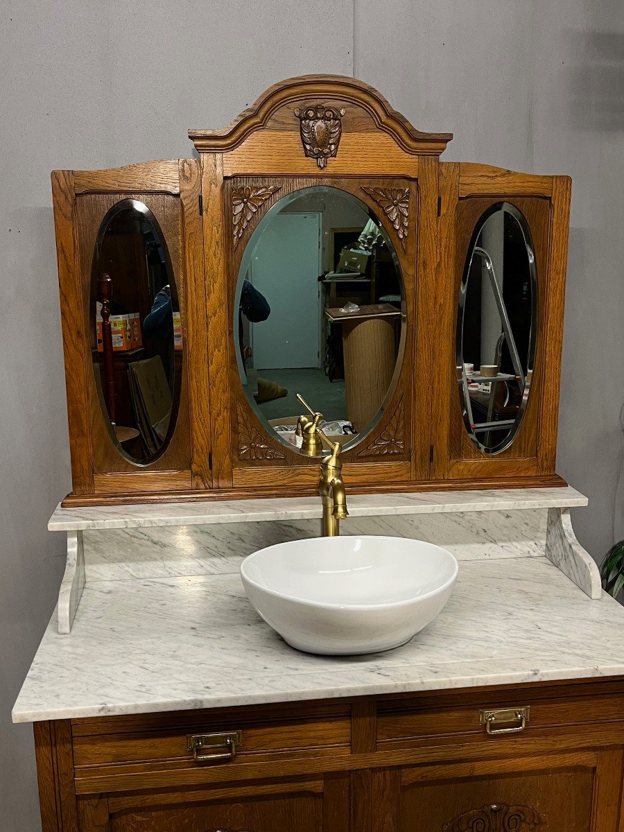 Meuble De Salle De Bains - Toilette En Chêne Et Marbre  Miroir Psyché-photo-5