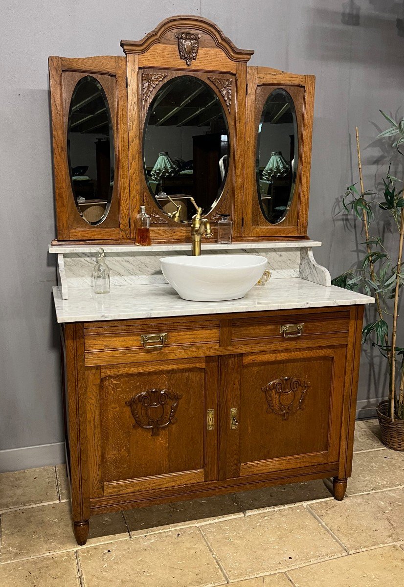 Meuble De Salle De Bains - Toilette En Chêne Et Marbre  Miroir Psyché